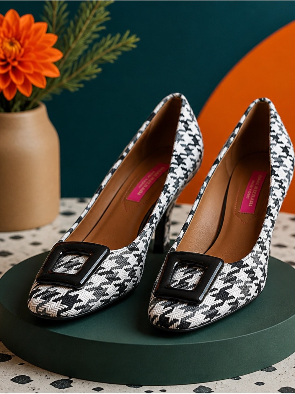 Isaac Mizrahi Black and White Houndstooth Buckle Pumps